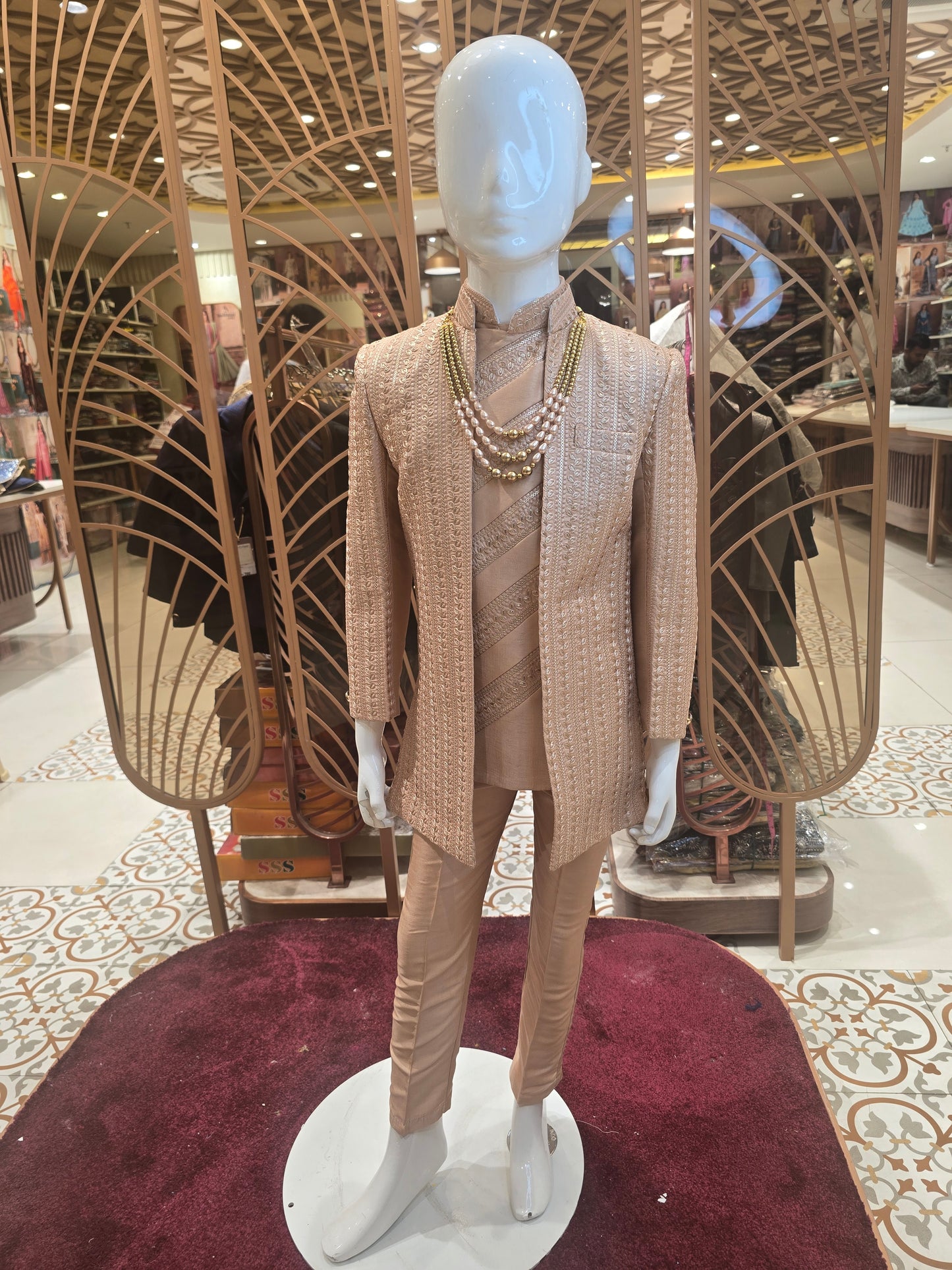 Peach Colored Silk Junior Ethnic Indo-Western with Leaf Line Embroidery & Silver Zari – 3 Layer Maala