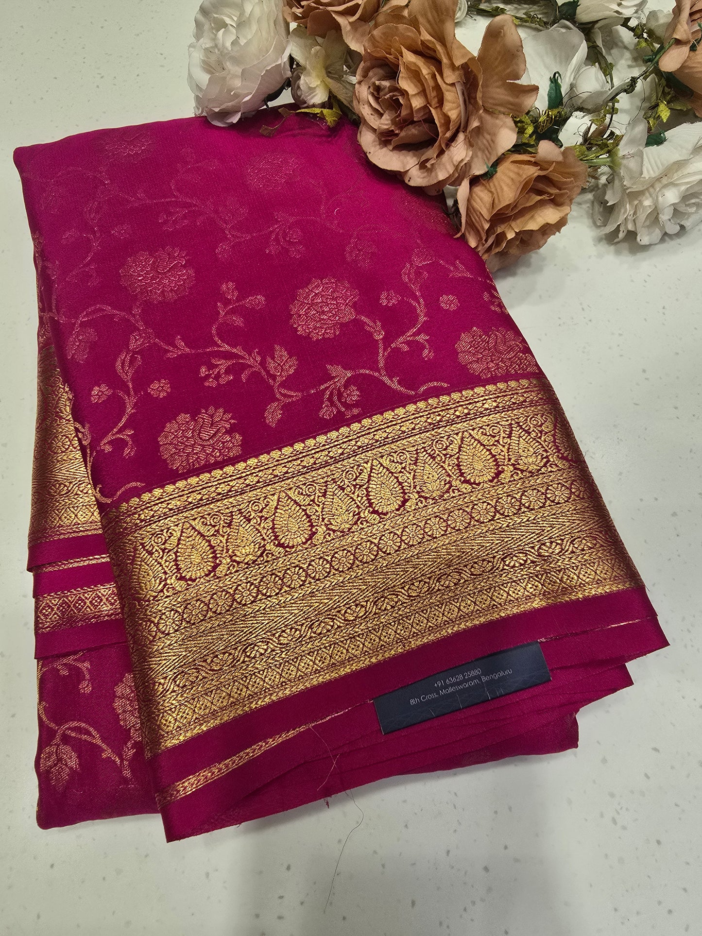 Pure Mysore Brocade Crepe Silk Saree with Full-Body Floral Weaving and Traditional Zari Border | Festive & Wedding Wear