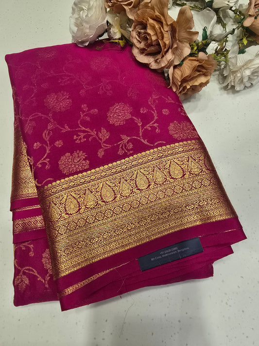 Pure Mysore Brocade Crepe Silk Saree with Full-Body Floral Weaving and Traditional Zari Border | Festive & Wedding Wear