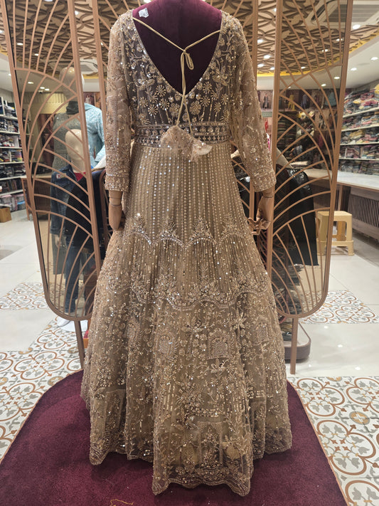 Women’s Cream Netted Bridal Gown with Sequin & Zari Embroidery, V-Neck Full Sleeves – Grand Wedding Wear