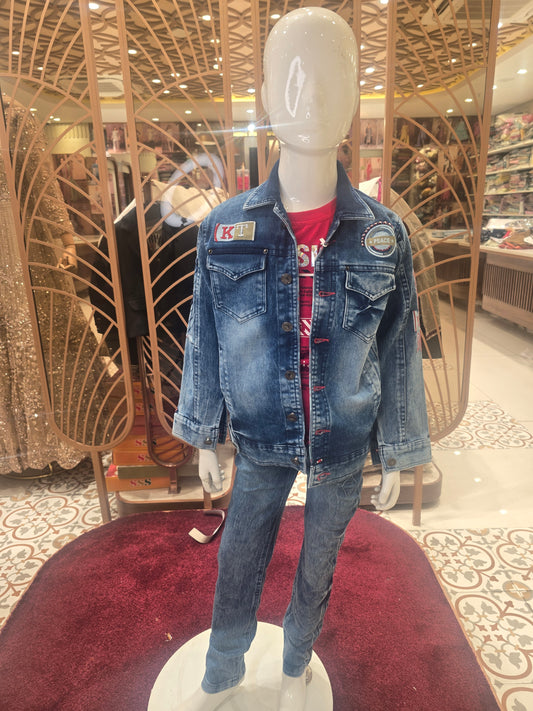Shaded blue colored pure denim madren jacket with back stylish prints inner side red colored printed t-shirt and denim pant
