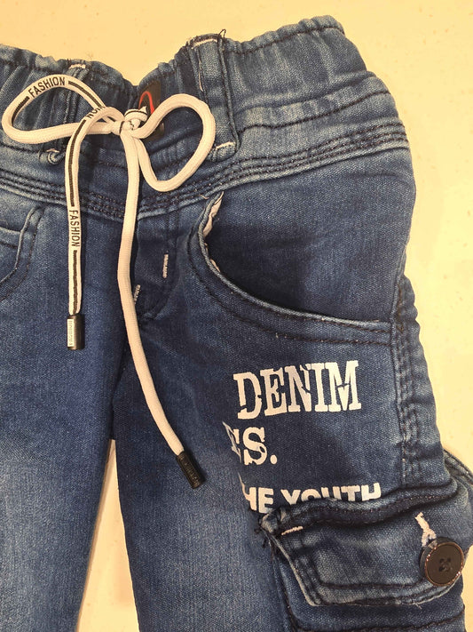 Denim material cargo shorts for boy with printed and round Elasticable with long tie