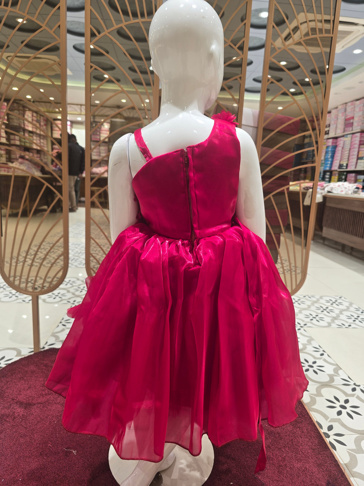 Girls Rani Pink Shimmer Satin Short Frock with Rose Shoulder Design