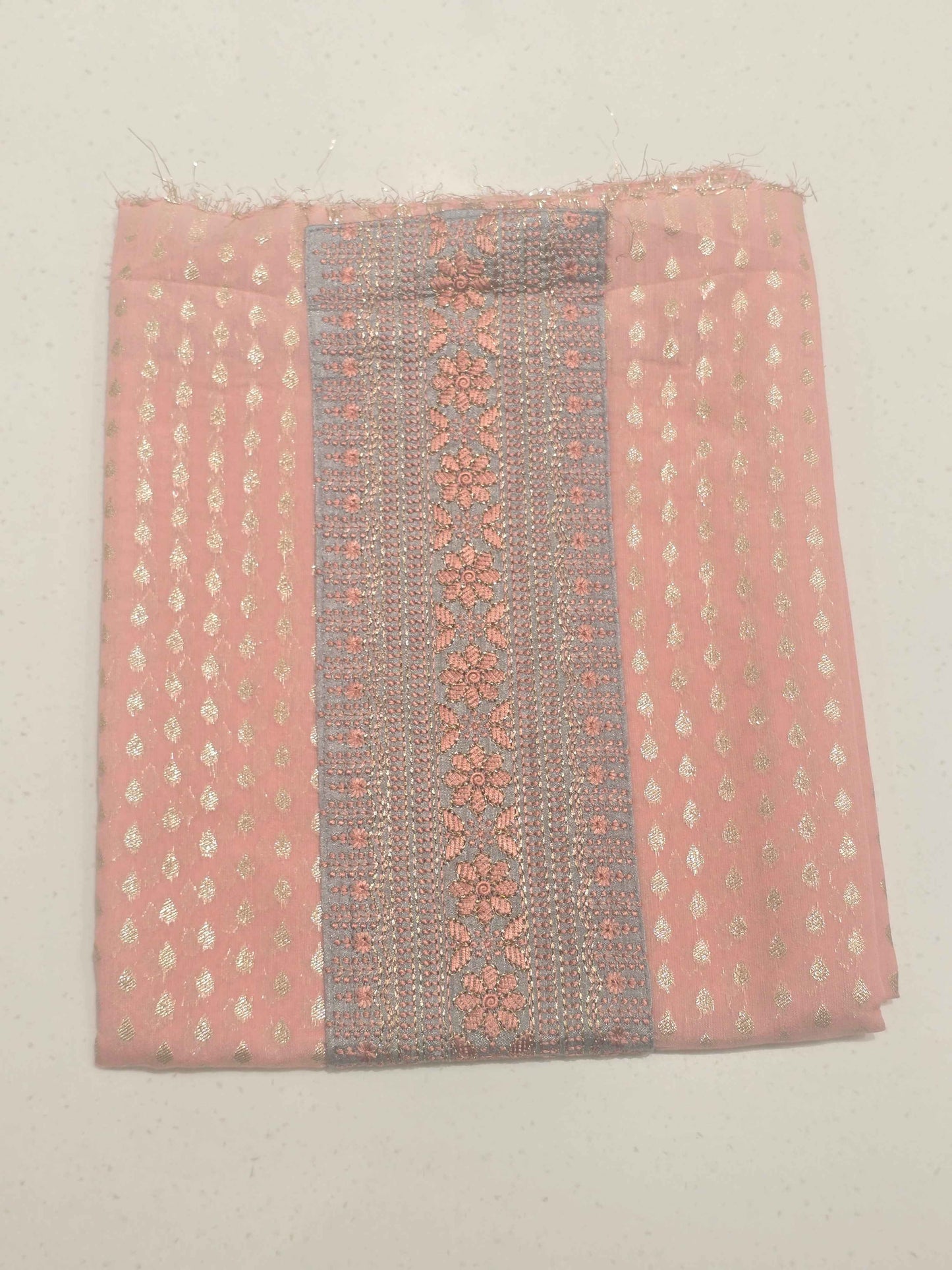 Women Peach Linen Cotton Zari Butta Dress Material Set