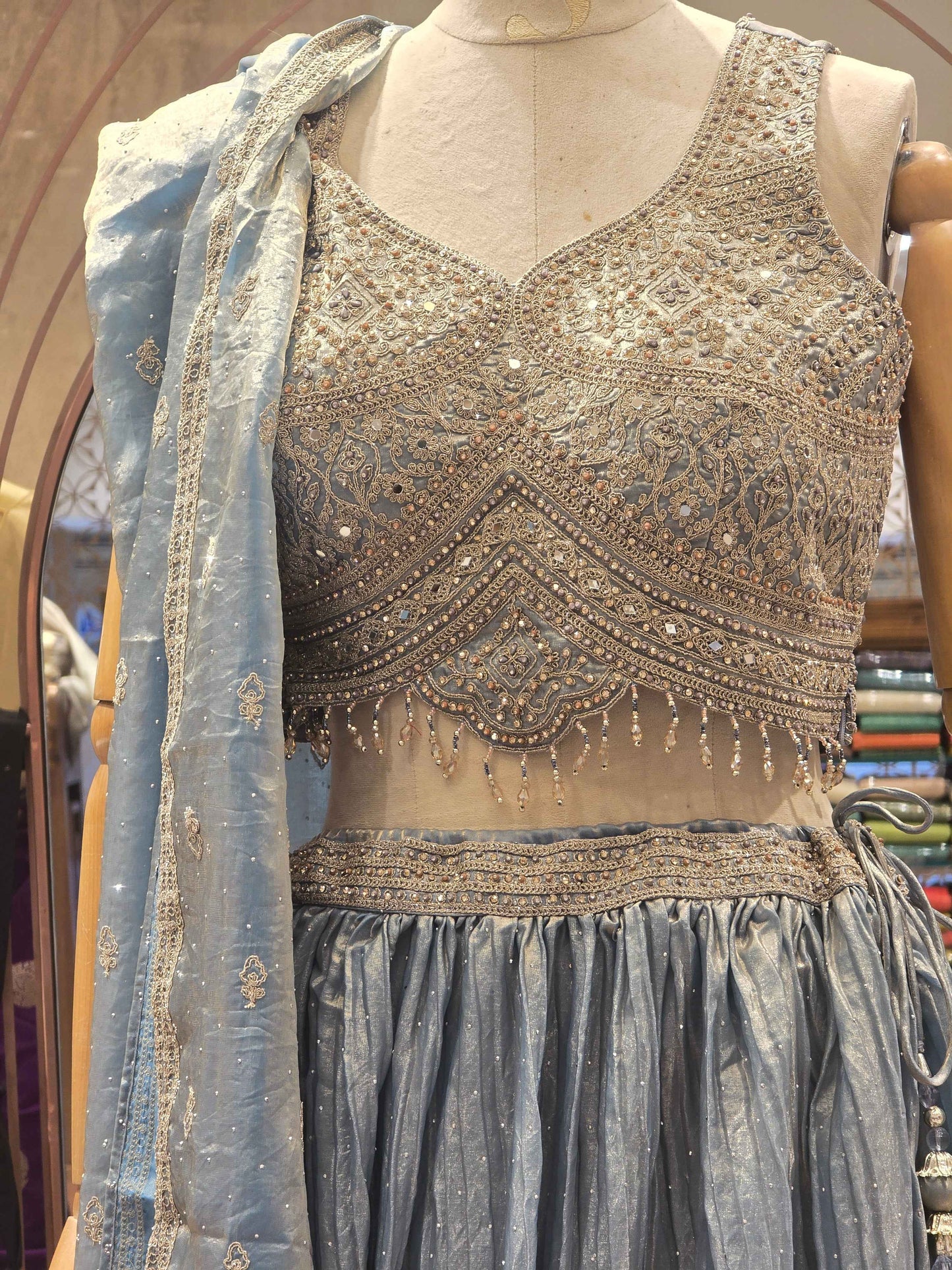Tissue Material blue colour lehenga with handwork