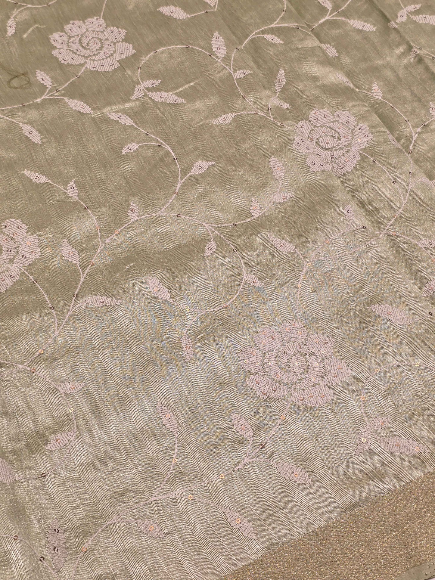 Tussar Saree with White Floral Embroidery