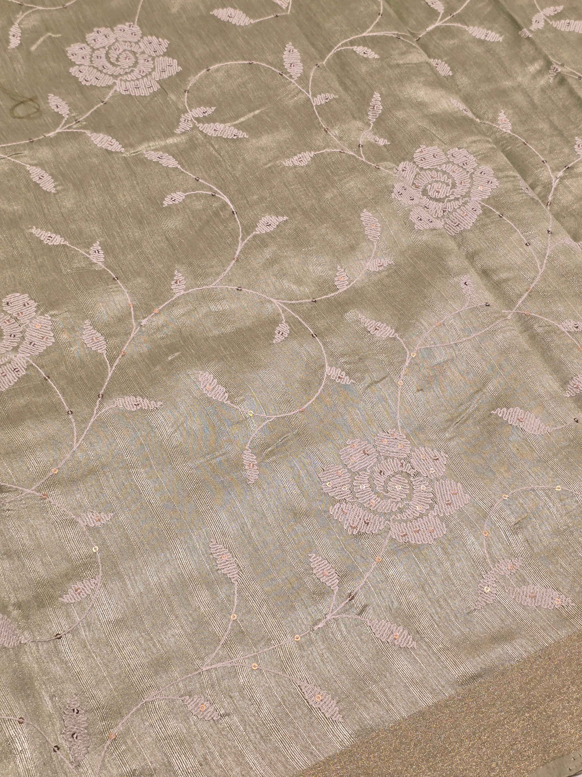 Tussar Saree with White Floral Embroidery