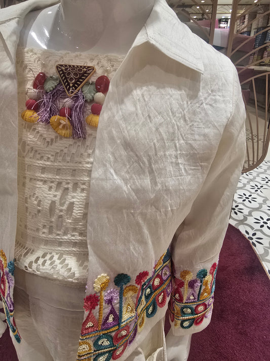 Half White Crush Satin 3-Piece Western Party Wear Set with Net Cutwork Inner