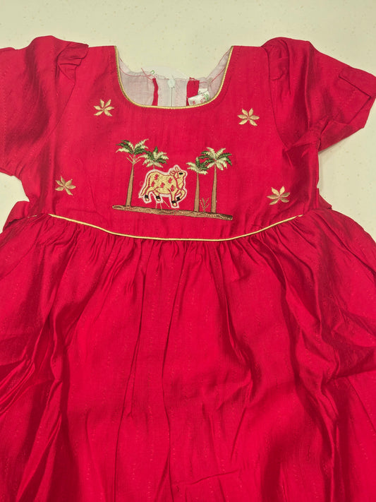 Girls Cherry Pink Cotton Baby Frock with Thread Embroidery