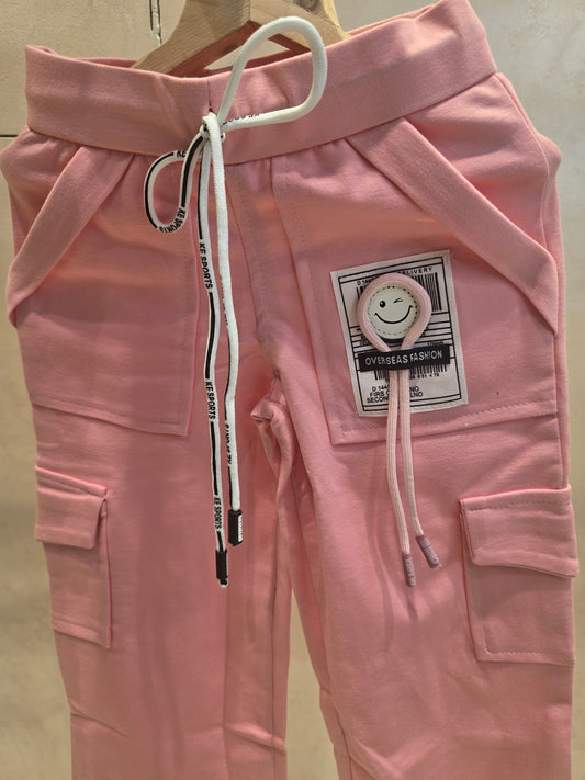 Baby Pink Cotton Cargo Pants with Smiley Logo & Six-Pocket Elastic Waist