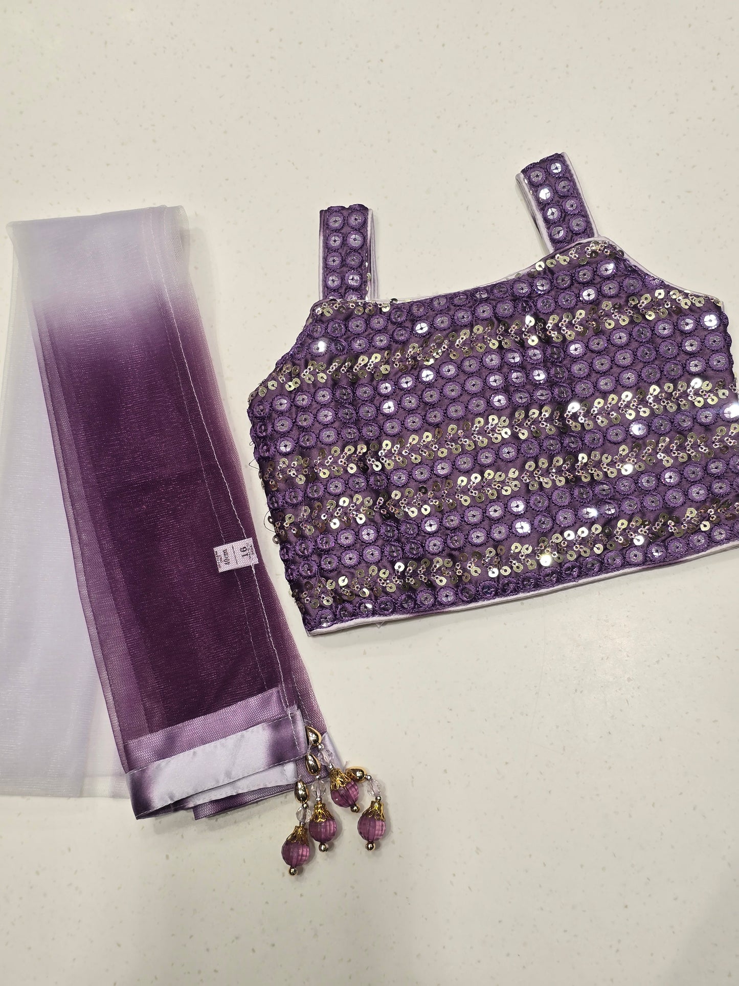 three-piece girls' lehenga choli set purple and lavender