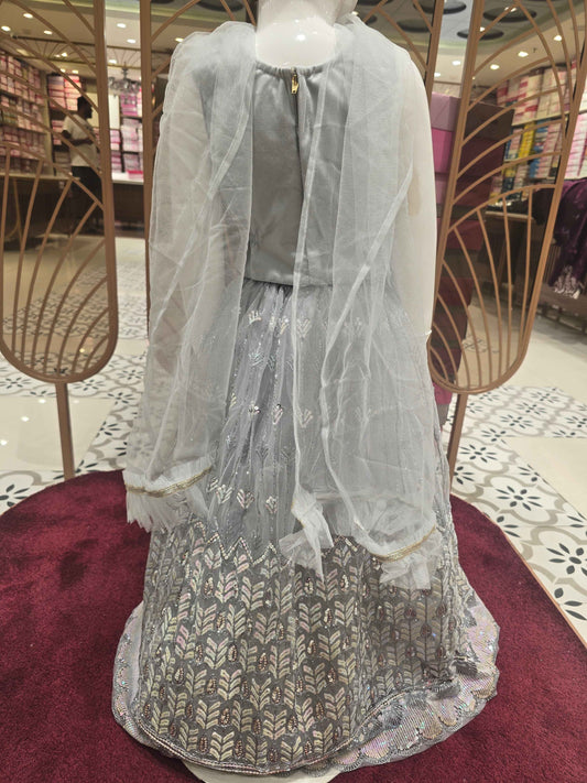 Knitted material silver colour bridal wear with sequence work over the body with silver embroidery. Dupatta with fril border