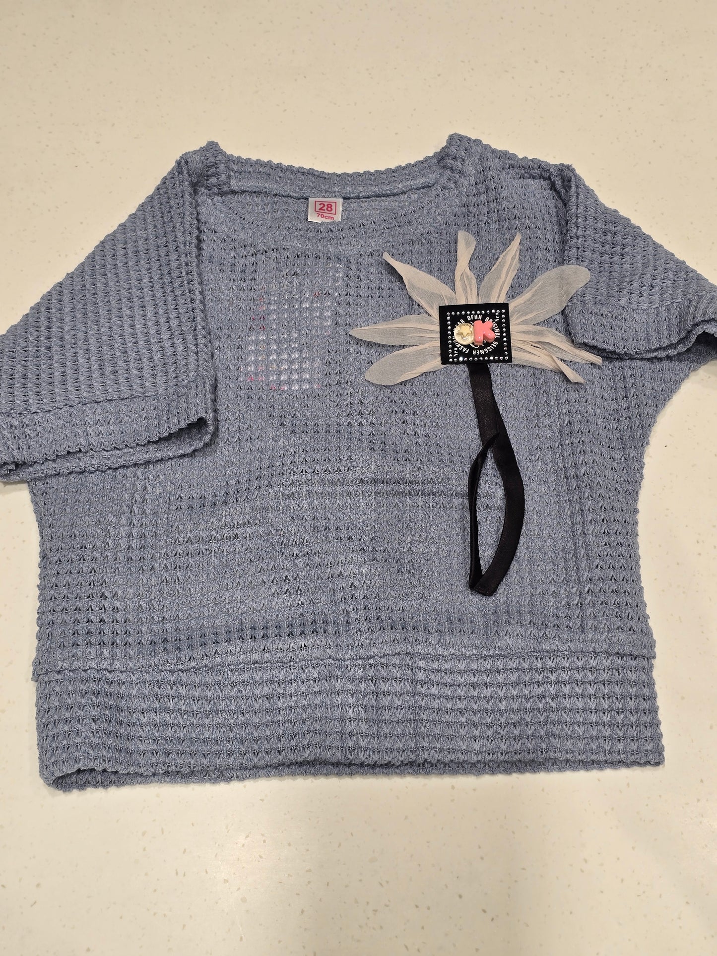 Grey Waffle Knit Cotton Top for Girls with Mesh Flower Embellishment