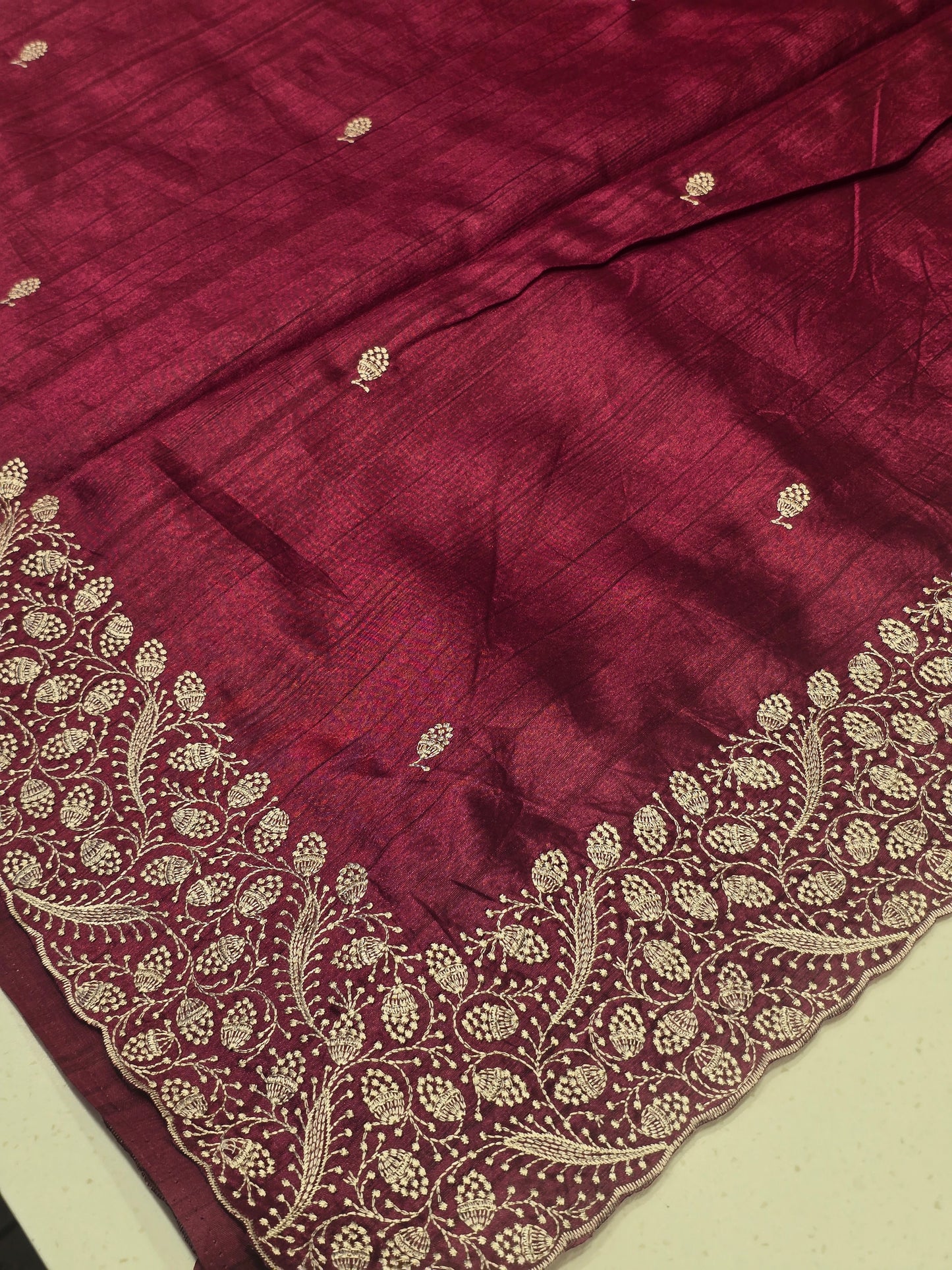 Tussar Silk Saree with Embroidery Motifs and Designer Border | Elegant Soft Drape | Daily & Festive Wear