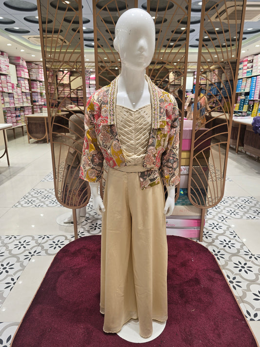 Cream Colored Crepe Silk Indo Western Palazzo Set for Girls with Printed Open Jacket & Zari Work – 3 Piece Ethnic Set