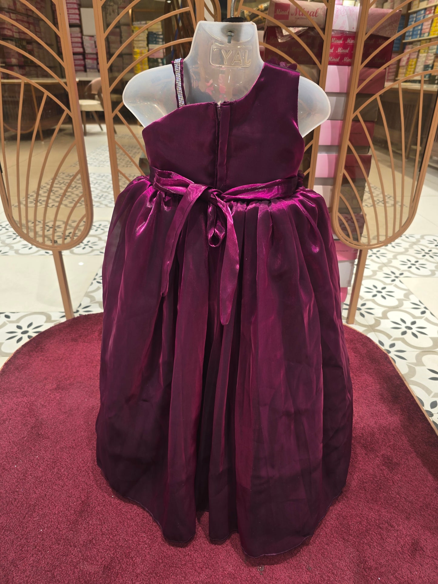 Girl Wine Colour Chiffon Flower Cut Party Gown