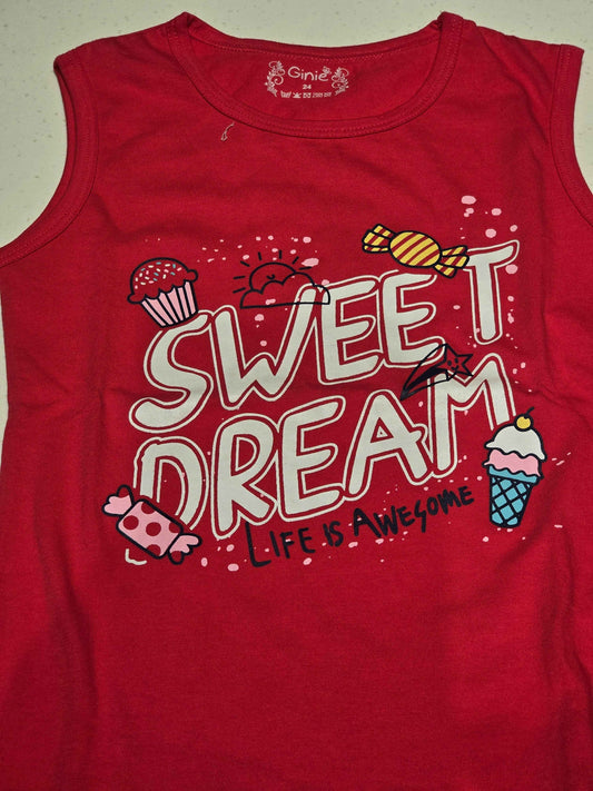 Cotton material cherry red color Sleevesless tshirt for Girls