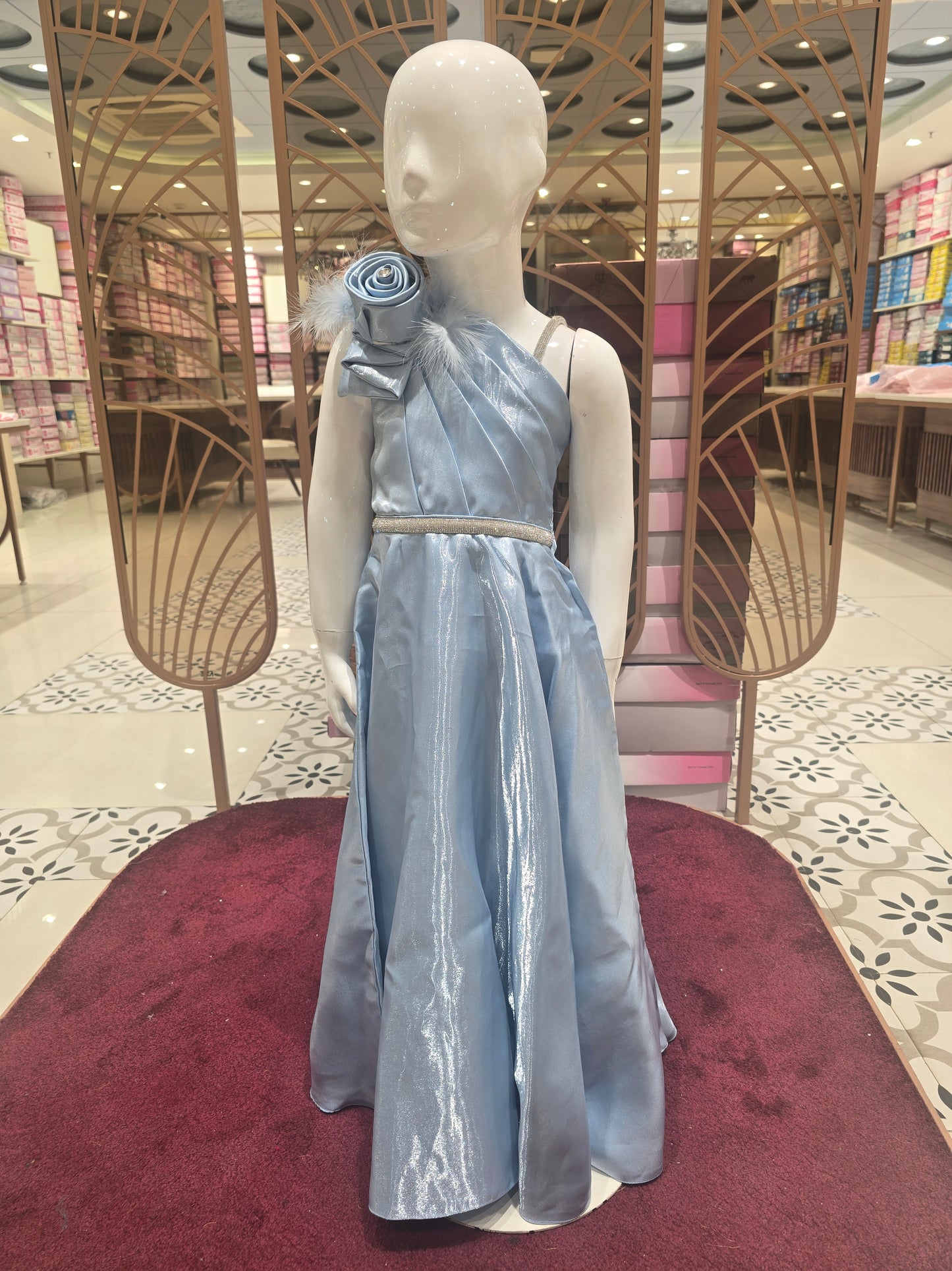 Satin material western gown for girl with Spaghetti Strap Design, Full Sleeve Inner and Stone Waist Belt and detachable flower bow