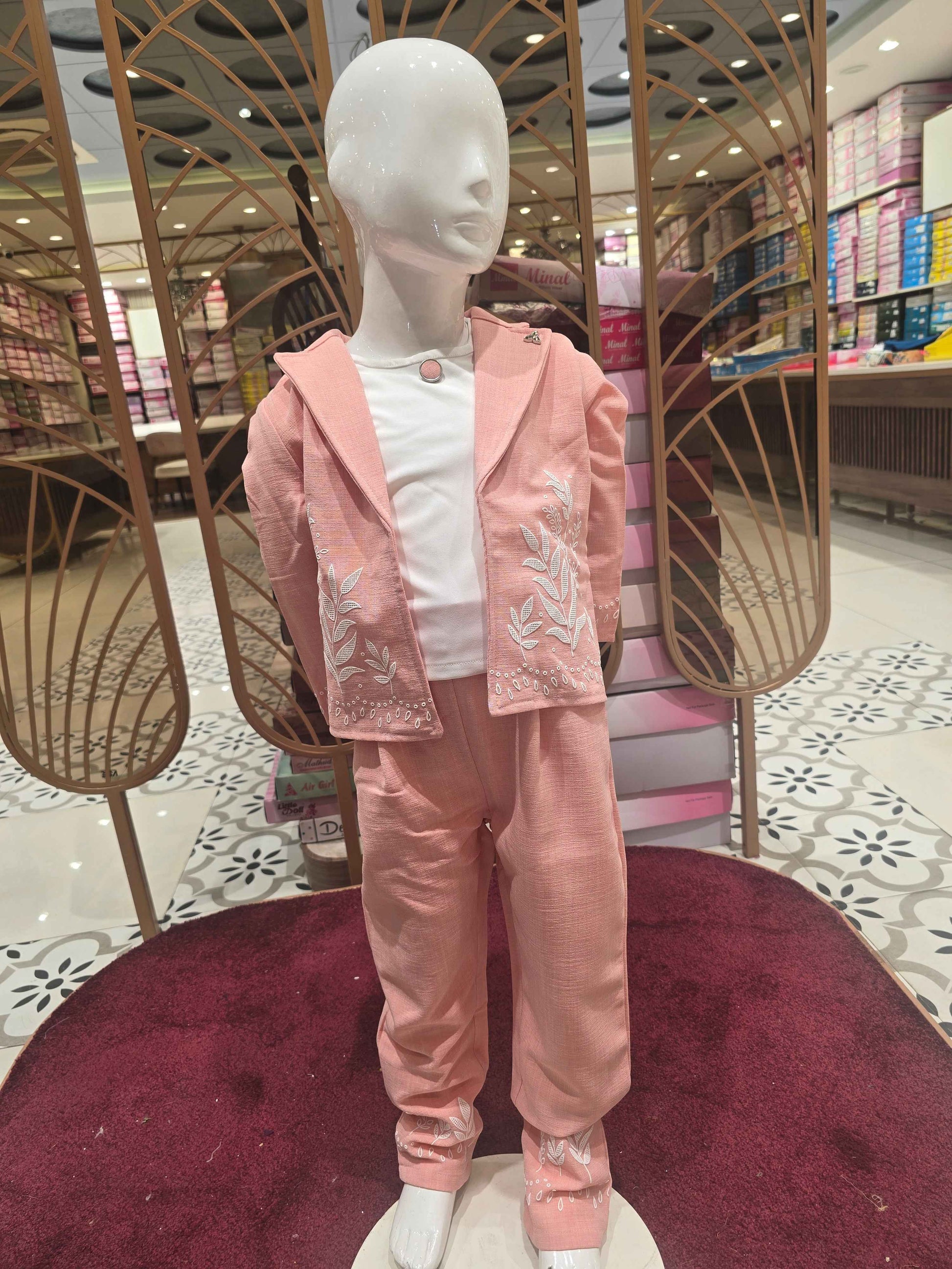 Span cotton material peach with white western wear with round neck inner and colar design,rubber prints on jacket