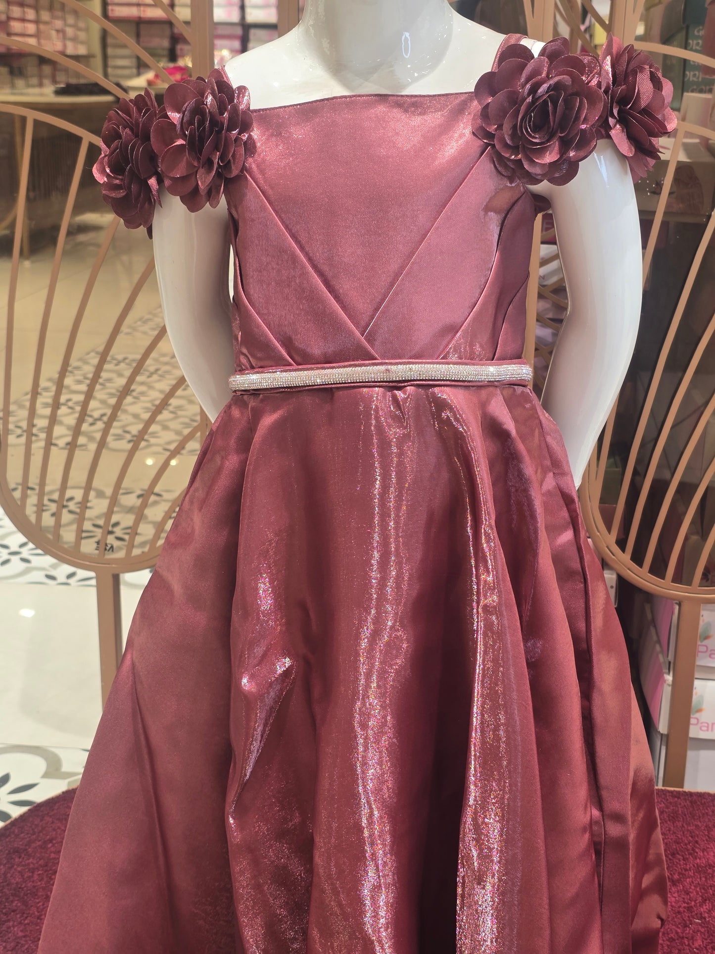 Brick Colored Satin Western Party Wear Gown for Girls with Spaghetti Cold Shoulder Style, Rose Flower Detail and Attachable Waist Belt