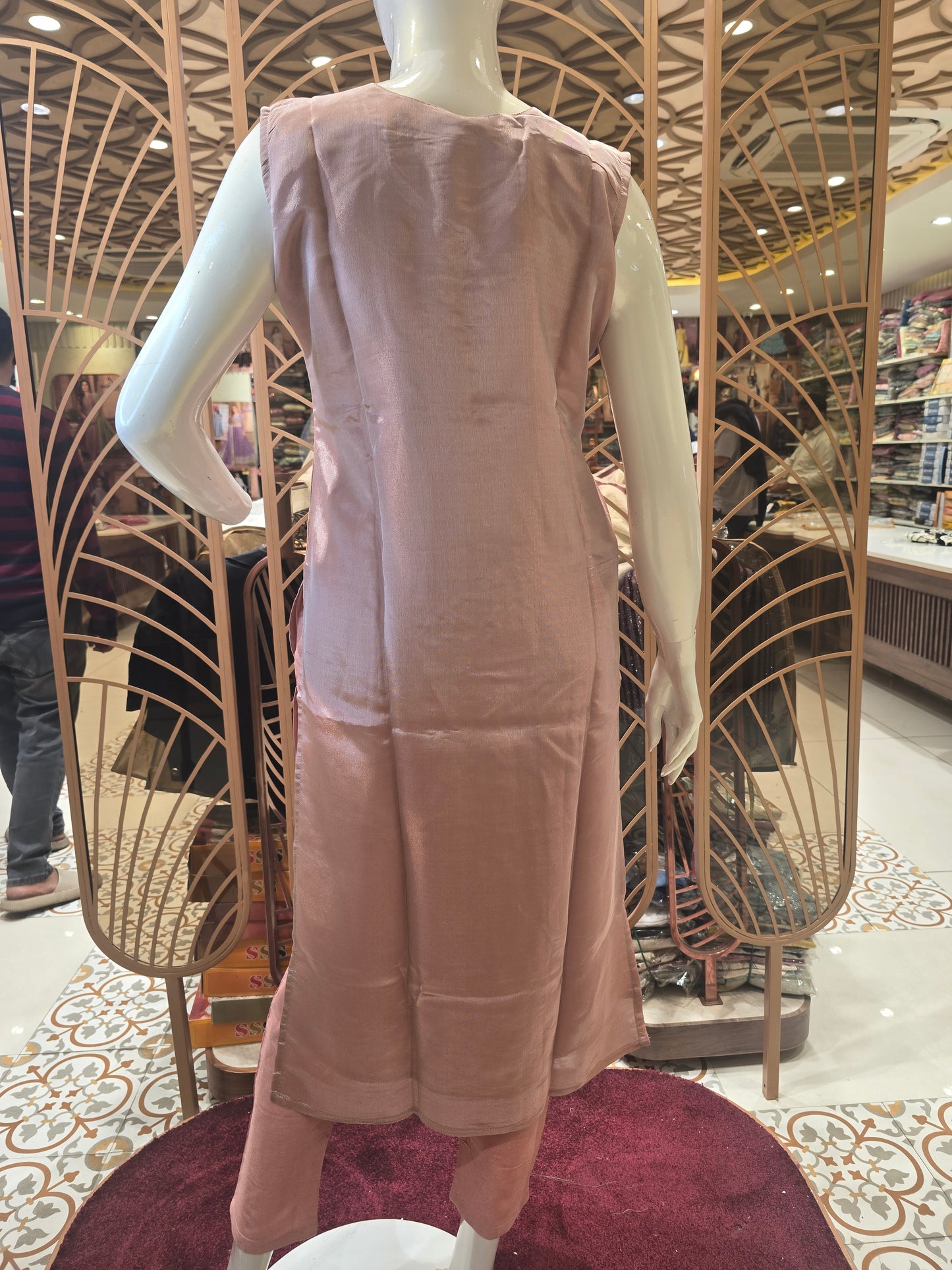 Peach Pink Pure Tissue Silk Party Wear Set for Women with Banarasi Butta & Handworked Neck, Banarasi Dupatta – Elegant Occasion Wear