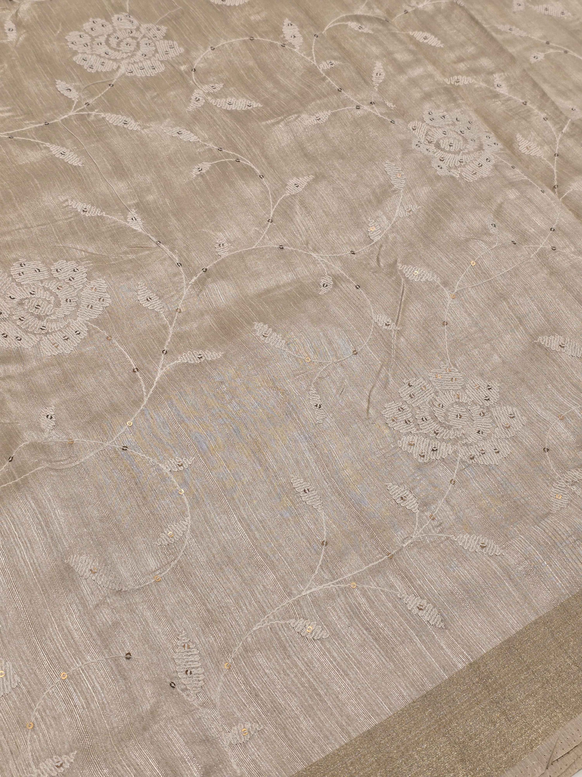 Tussar Saree with White Floral Embroidery