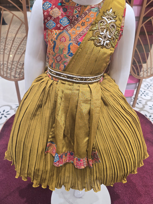 Girl Mehndi Green Banarasi Crepe Traditional Short Frock