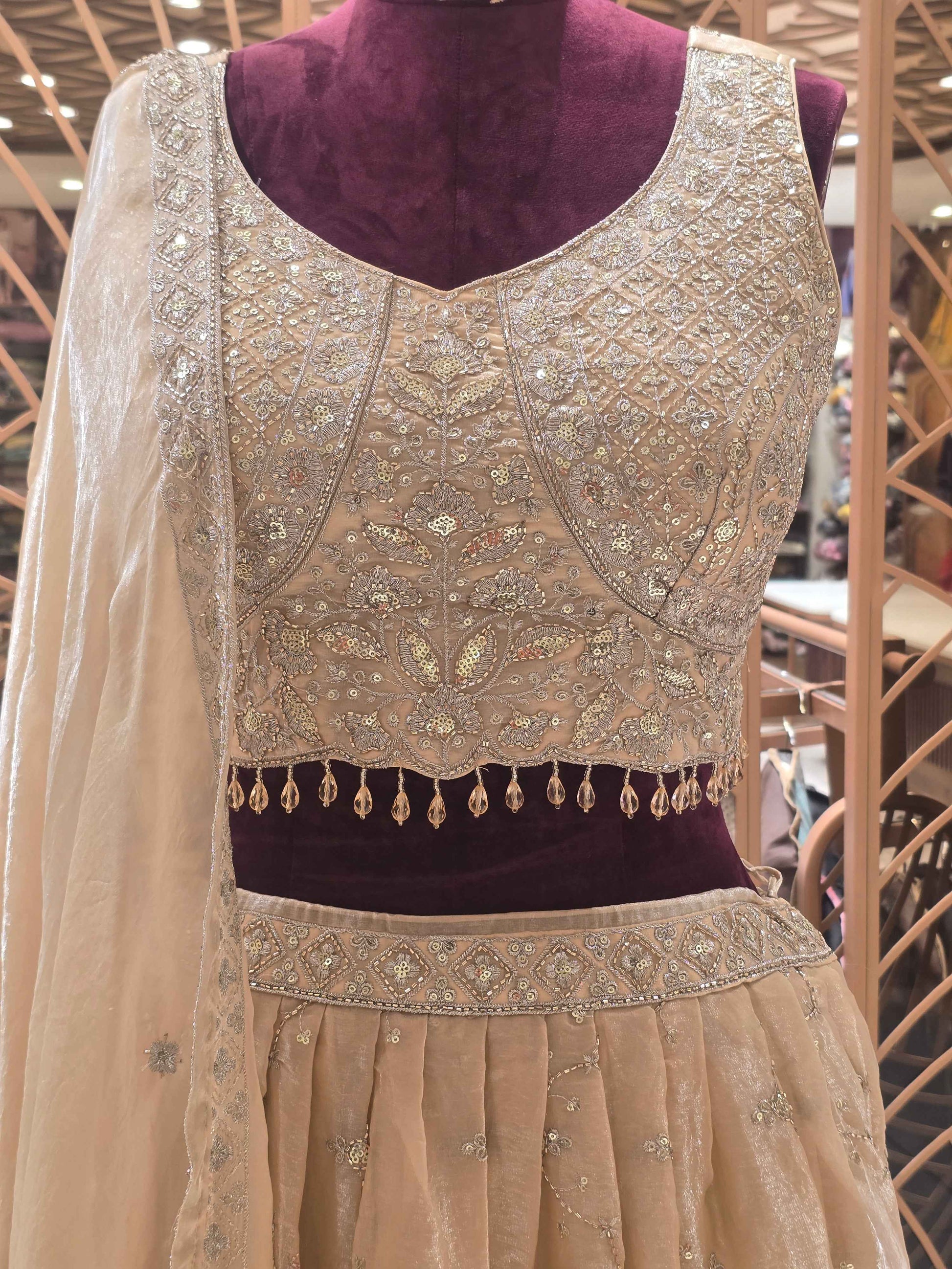 Women Fawn Tissue Silk Lehenga Set