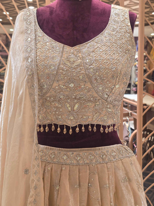 Women Fawn Tissue Silk Lehenga Set