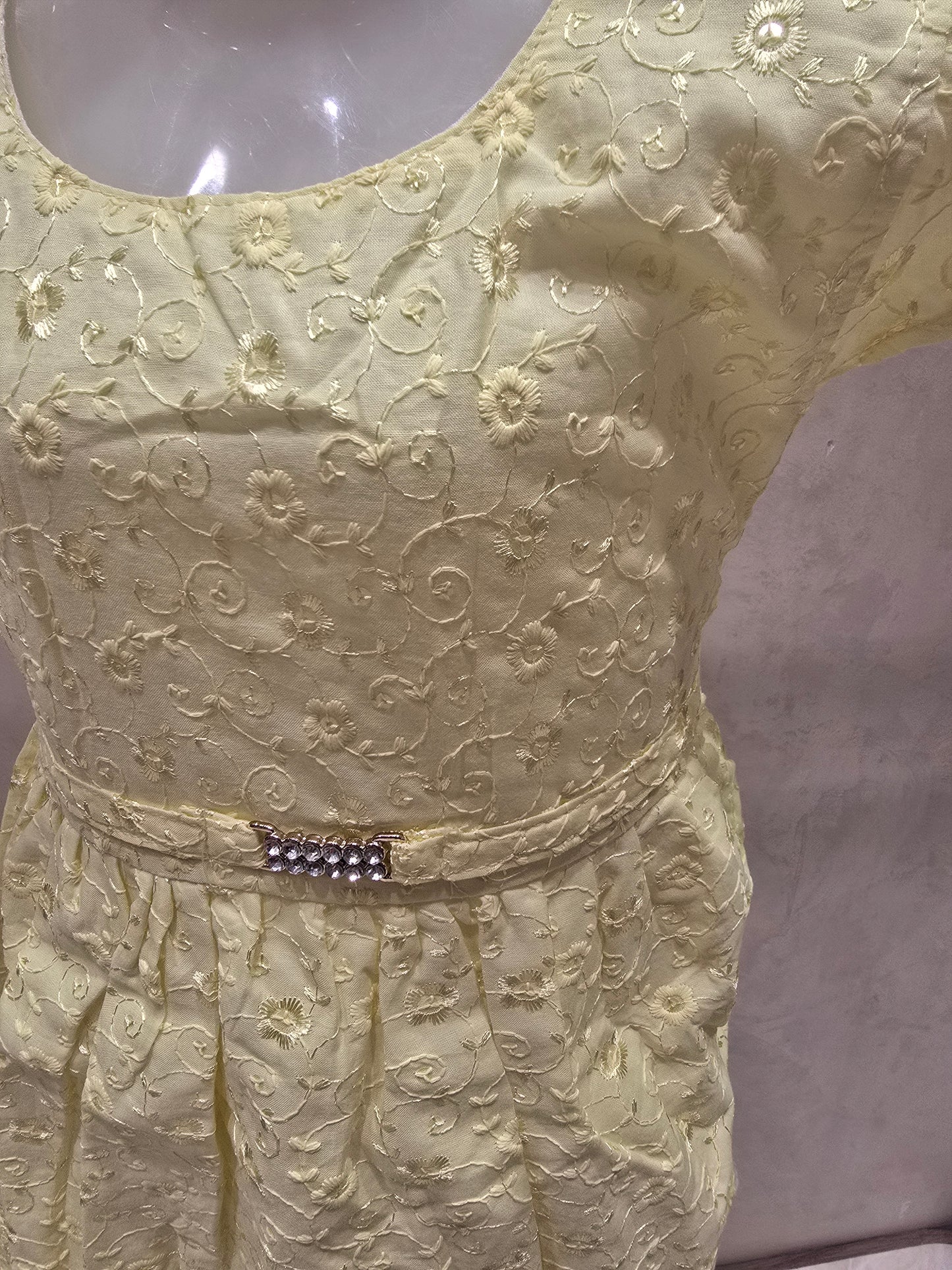 Lemon Yellow Pure Cotton Short Frock with Embroidery & Cutwork Bottom