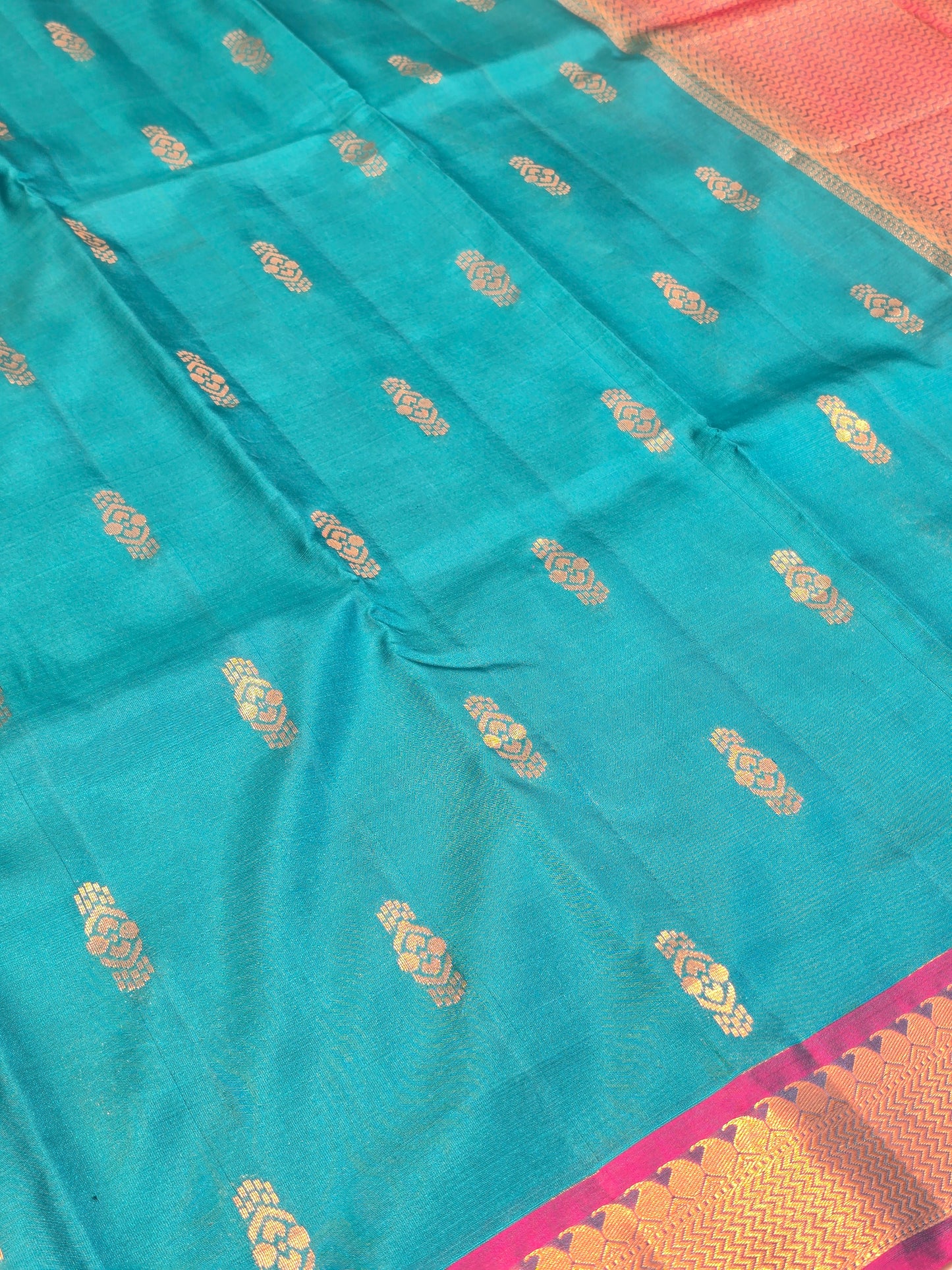 Pure Handloom Kanjivaram Silk Saree in Peacock Blue with Fancy Butta Body, Gatti Mango and Zigzag Border, Rich Pallu for Wedding and Festive Occasions