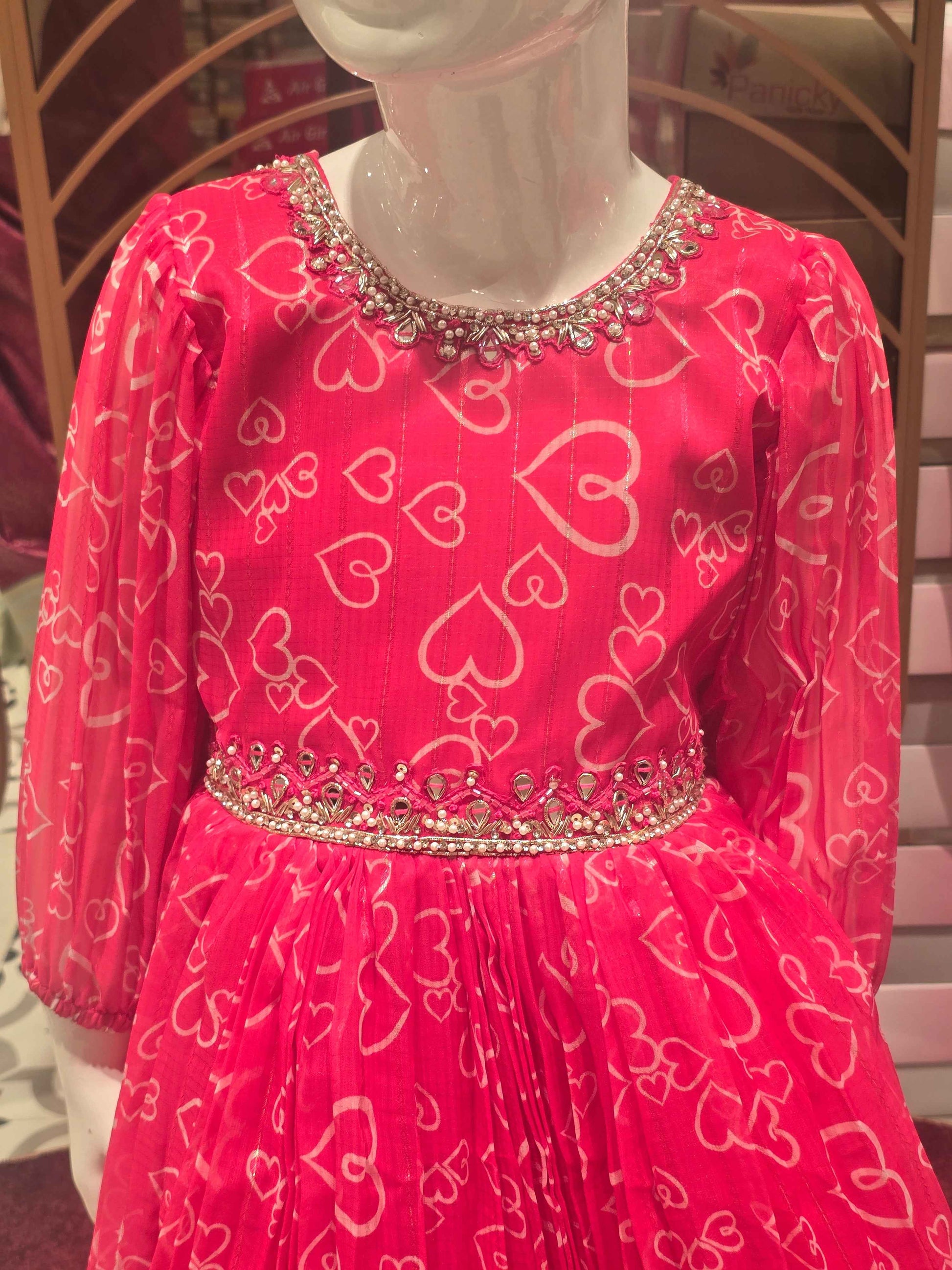 Girls Pink Chiffon Printed Gown