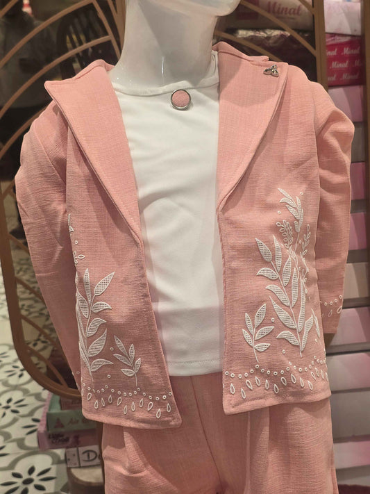 Span cotton material peach with white western wear with round neck inner and colar design,rubber prints on jacket