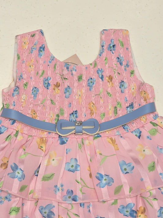 Pink Tiered Floral Cotton Baby Frock Dress for Girls with Smocked Bodice