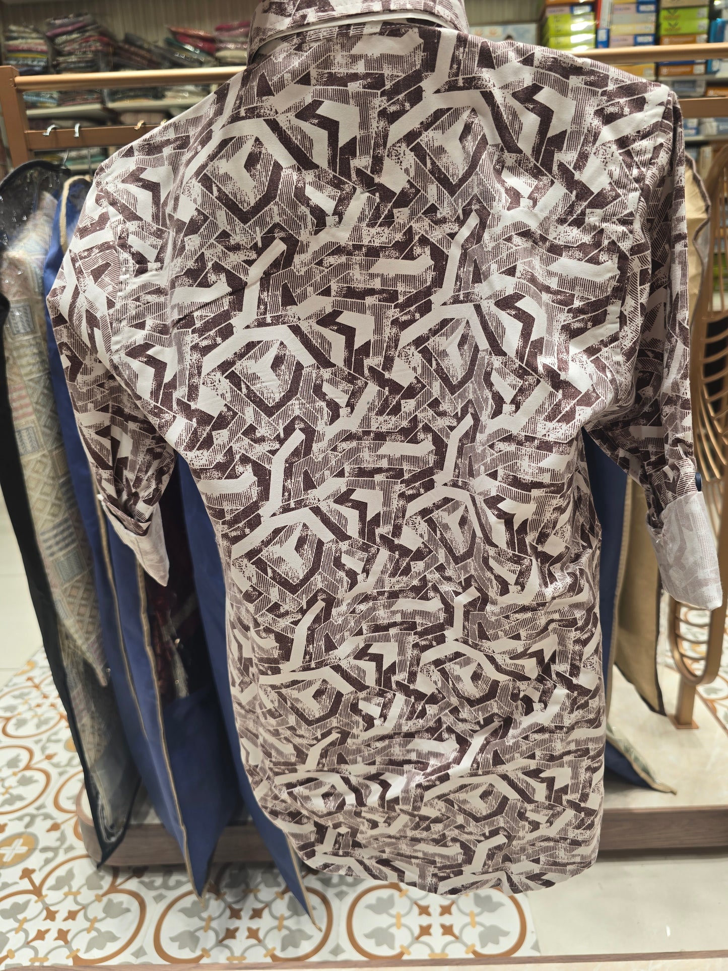 Boy White Chocolate Brown Printed Cotton Shirt