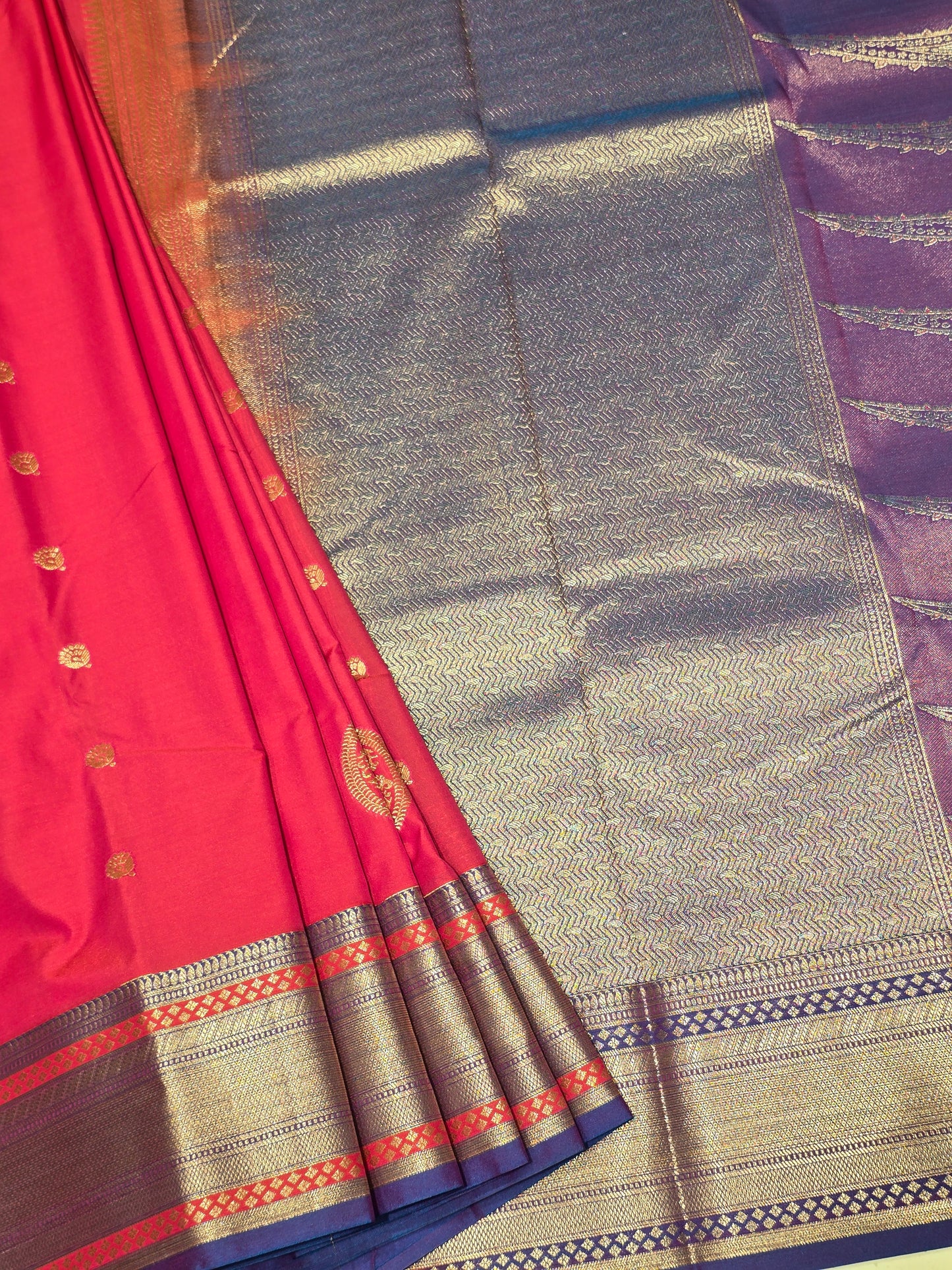 Semi kanjivaram saree with gatti border and traditional motifs
