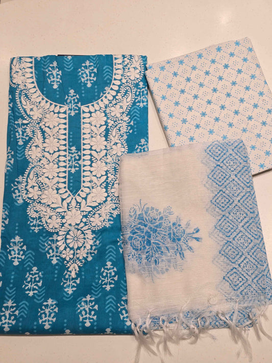 Sky Blue Semi Cotton Dress Material