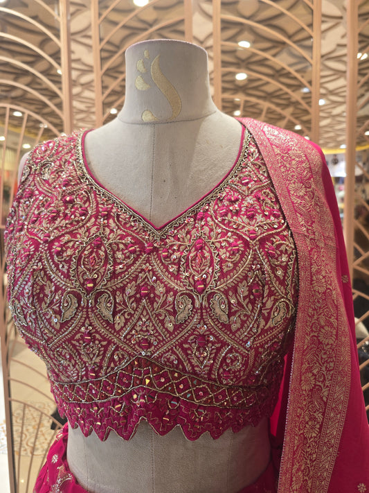 Ethnic Banarasi Bridal Lehenga – Pink with Heavy Jhardosi Work, Butta Dupatta & Diamond-Design Skirt