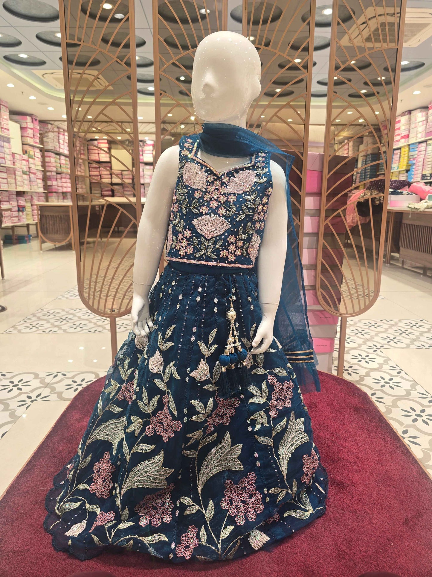 Knitted material Teel blue colour bridal lehanga wuth multi colour embroidery and speghetti top & star neck