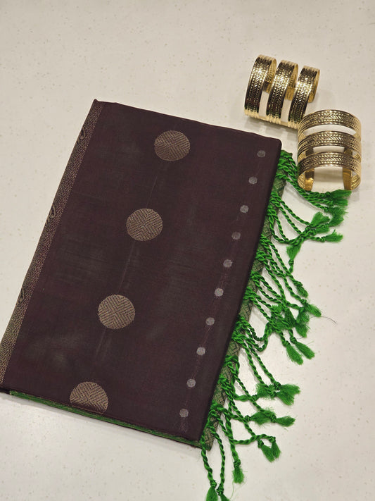 Pure Kanjivaram brown with green color soft silk with fancy border