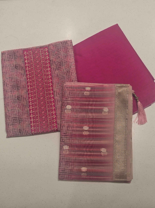 Women Pink Shades Linen Cotton Dress Material Set
