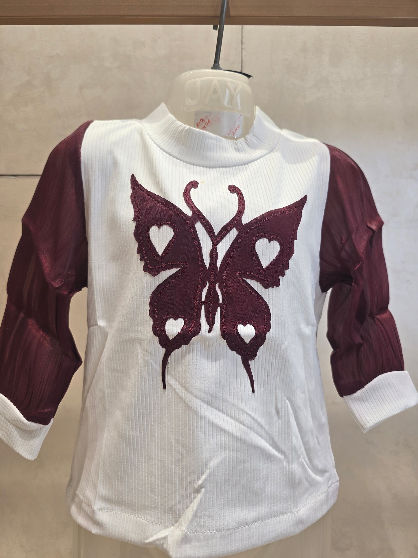 White & Maroon Hosiery Western Top for Girls with Heart Butterfly Design and ¾ Sleeves – Party Wear