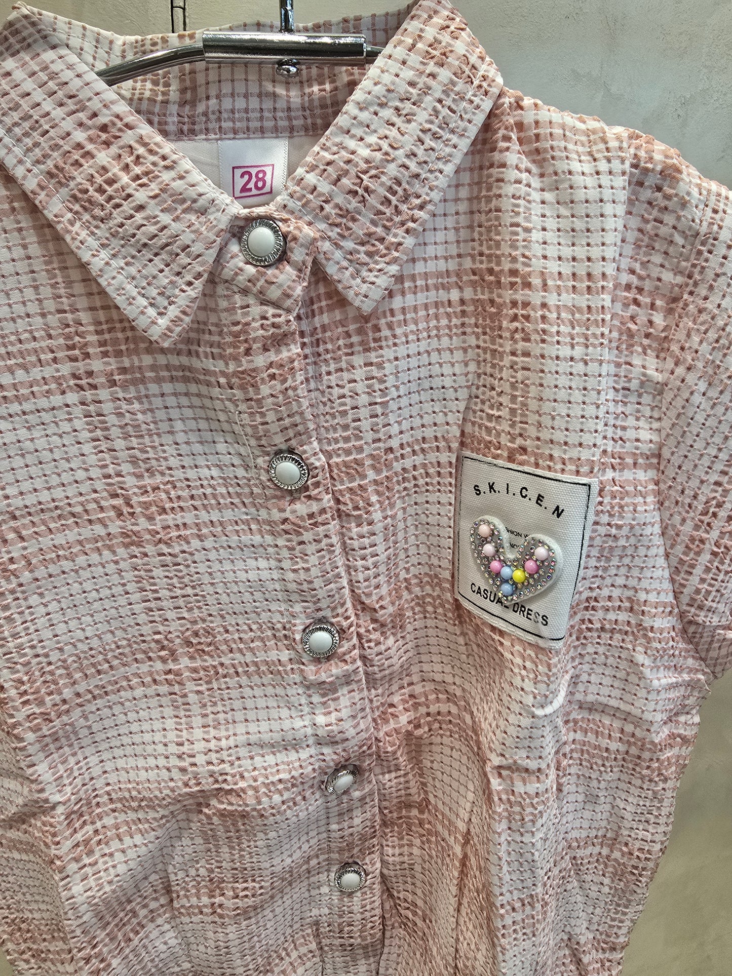 White & Peach Cotton Crush Checked Pattern Western Top with Stylish Buttons & Elastic Waist