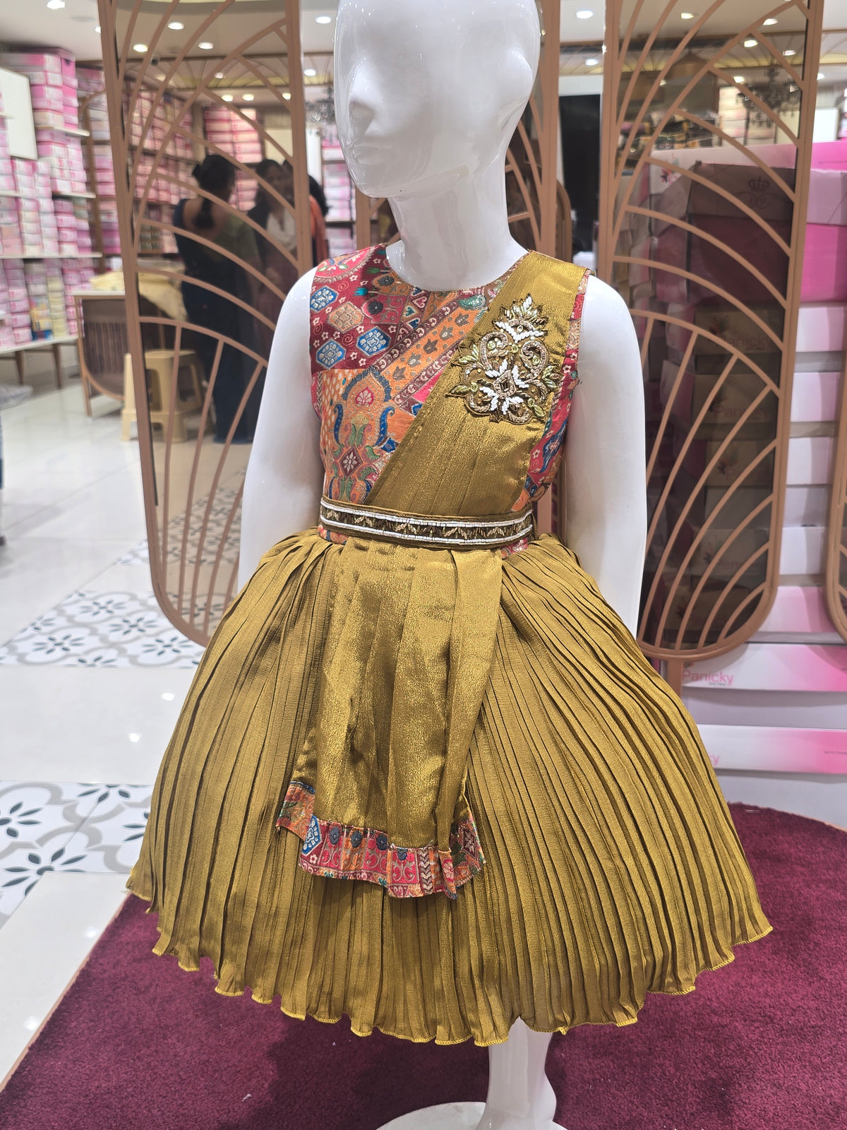 Girl Mehndi Green Banarasi Crepe Traditional Short Frock