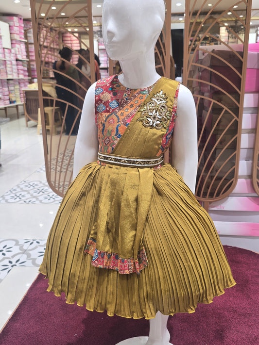 Girl Mehndi Green Banarasi Crepe Traditional Short Frock