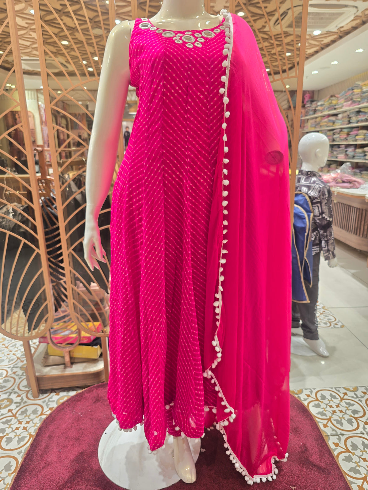 Rani Pink Bandhani Print Georgette Anarkali Suit Set
