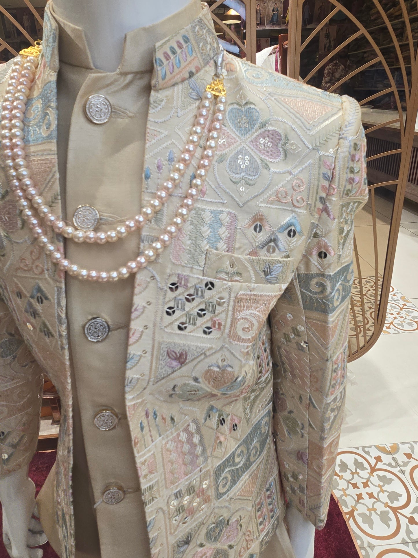 Cream Colored Silk Mix Junior Ethnic Indowestern with Hand-Work Embroidery, Sequence & Maala