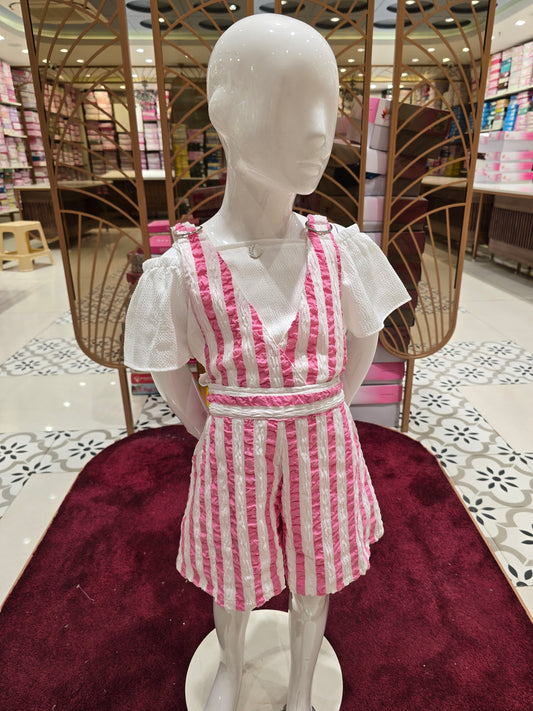 Baby Pink & White Crush Cotton 3-Piece Western Set for Girls – Dangri, T-Shirt with Cold Shoulder & Bell Sleeves