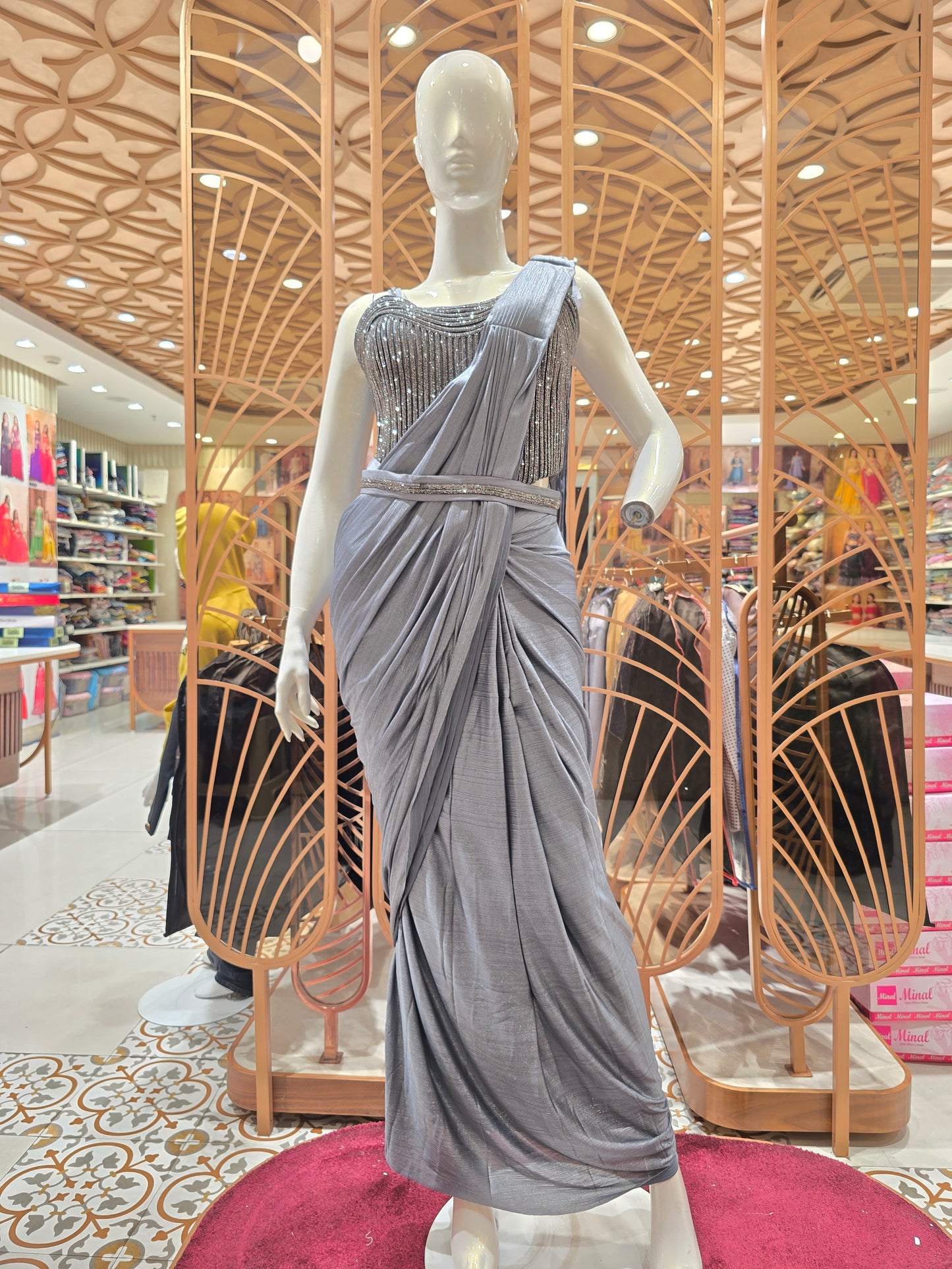 Gray Cream Satin Ready-to-Wear Saree