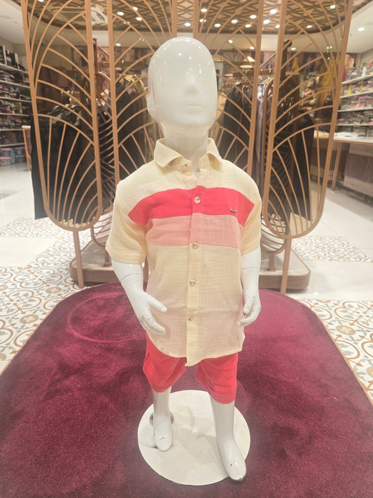 Beige Red Linen Capri Set for Boys